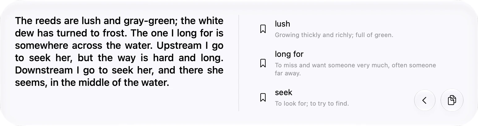 Owlet panel with three words to learn: lush, long for, and seek